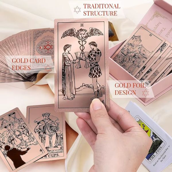 Pink Foil Tarot Cards Deck, 78 Card Gift Set with Guidebook, Storage Bag & Magnetic Closure Box, Handcrafted Gift for Her
